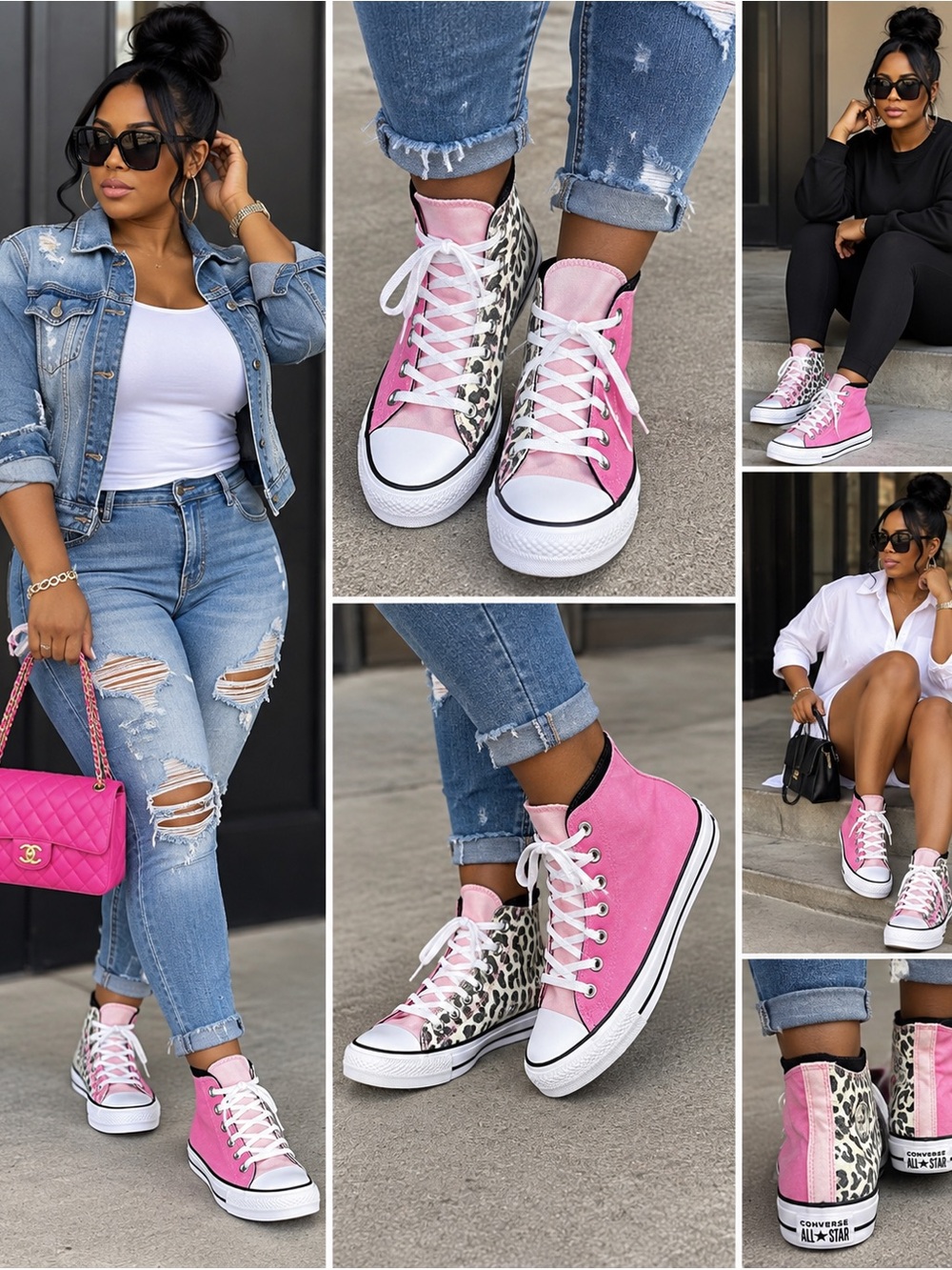 Pink High-Top Leopard Accent Canvas Sneakers for Women